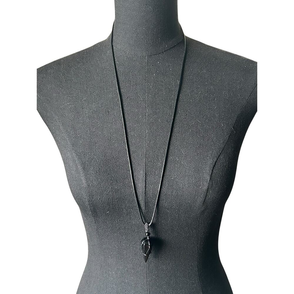 Black Obsidian Point Pendant - Adjustable Macrame Cord Necklace 15” Drop Length
